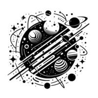 Abstract Black and White Illustration of a Planetary System with Stars, Planets, and Orbital Paths, in Geometric Style. vector