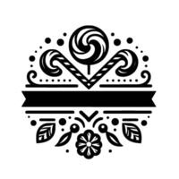 Ornate black and white circular featuring a lollipop, scrollwork, banner, floral elements, and dotted accents for branding. vector