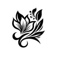 Elegant Black and White Floral Motif, Artistic with Leaves, Berries, and Curving Elements on White Canvas. vector
