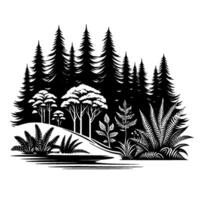 Black and White Silhouetted Forest Scene Pine Trees, Deciduous Trees, Ferns, and Flora on a Rolling Hill Against a White Backdrop vector