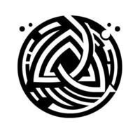 Abstract Black and White Geometric Featuring a Circular Labyrinth with Intertwined Triangles and Floating Dots on a Clean White Background. vector