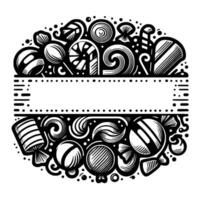 Whimsical Black and White CandyThemed Frame Design, Featuring Assorted Lollipops, Candies, and Space for Custom Text. vector