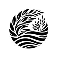 Monochromatic stylized depicting black foliage and stylized water waves within a circular frame, evoking natures harmony. vector