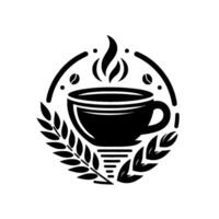 Monochromatic Coffee Cup with Laurel Wreath, Steam, Coffee Beans, and Simple Modern Graphics, Ideal for a Cafe or Bistro. vector