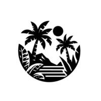Black and White Silhouette of a Tropical Island Paradise with Palm Trees, Mountains, Sun, and Foliage Within a Circular Frame. vector