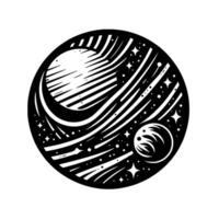 Celestial Roundel Abstract monochrome illustration featuring a celestial body with striped details, surrounded by a cosmic atmosphere filled with stars, comets, and a smaller planet. vector