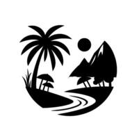 Silhouette illustration of a tropical landscape scene within a circle, featuring a palm tree, mountains, a river, sun, and umbrellas. vector