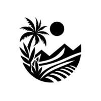 Silhouette of a tropical landscape, featuring a palm tree, mountains, field, and sun, within a circular frame in a minimalist style. vector