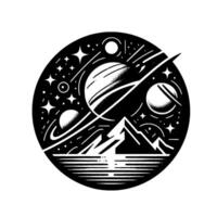 Black and white circular illustration depicting a cosmic scene with planets, stars, a mountain range and water, evoking a sense of wonder. vector