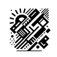 Black and white geometric abstract featuring angular shapes, lines, sunlike forms, and dots, creating a dynamic composition. vector