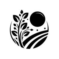 Black and white circular of a budding plant with large leaves, a sphere, and a curved landscape illustration, embodying growth and nature. vector