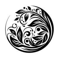 Intricate circular black floral on white background, featuring leaves, vines, and stylized elements in bold lines and curves. vector