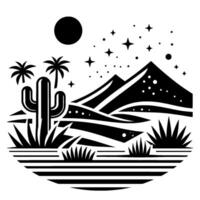 Stylized Black and White Desert Scene Cactus, Palm Trees, Mountains, Stars, and Moon. Retro, Art. vector