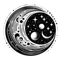 Celestial Yin Yang Moonlit Harmony of Cosmic Elements with Stars, Spheres, and Flowing Detail in Black and White. vector