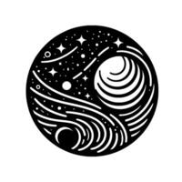 Stylized celestial in a circular frame featuring a planet with swirling waves and starry sky in monochrome. vector