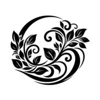 Circular, symmetrical floral illustration with stylized leaves, swirls, and a complete frame, in a bold black and white design. vector