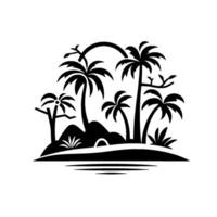 A stylized black and white island silhouette, featuring palm trees, hills, and the ocean, evoking a minimalist aesthetic. vector