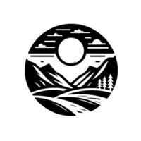 Black and white circular minimalist landscape illustration featuring mountains, trees, a sun, and clouds. vector