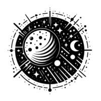 Black and white celestial artwork featuring a planet, stars, crescent moon, and cosmic patterns within a circular frame. vector