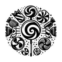 Circular Black and White Illustration of Assorted Candies and Lollipops Arranged in a Decorative Pattern with Stars and Dots. vector