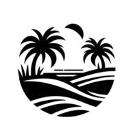 Stylized black and white circular depicting a tropical beach scene with palm trees, waves, moon and landscape. vector