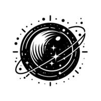 Intricate Illustration of a Celestial Body with CometLike Tail, Stars, and Orbits in Black and White vector