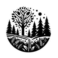 Monochromatic nature scene A stylized, circular illustration of a detailed forest with a central tree, evergreen pines, and diverse plant life, creating a balanced aesthetic. vector