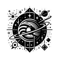 Stylized monochrome illustration of a cosmic scene with a central swirling planet, ringed planets, stars, and geometric accents. vector