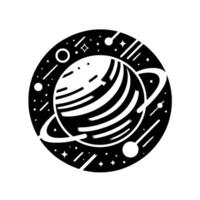 Monochrome Circular Illustration of a Striped Planet with Rings, Surrounded by Stars, Comets, and Celestial Orbs, Minimalist Space Art vector
