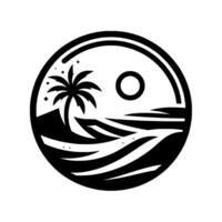 Minimalist Black and White Circular Graphic Silhouette of Palm Tree, Moon, and Waves, Evoking Tranquility vector