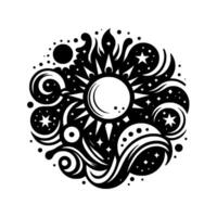 Celestial Illustration A cosmic orb of the sun, stars, nebulas and planets, swirling in black white. vector