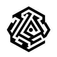 Abstract geometric black and white of a mazelike, hexagonallyshaped pattern with a central dot, suggestive of complexity and puzzle solving on a textured white background. vector