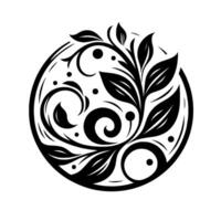 Ornate, symmetrical floral encased within a circle, featuring leaves, swirls, and dots in black and white. vector