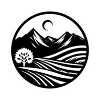 Monochromatic Landscape Emblem Mountains, Fields, Tree, Crescent Moon Within a Circle, a stylized nature illustration. vector