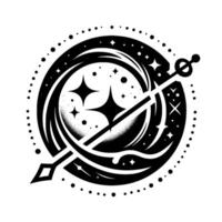 Celestial Symbol A black and white emblem featuring stars, a crescent, and an arrowlike element within a dotted circle. vector