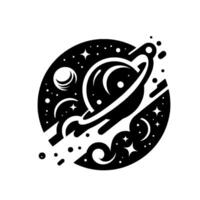 Stylized Celestial Illustration Black and White Planetary System Featuring Saturn, Moons, and Stars within an Oval Universe Design. vector