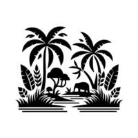 Monochrome Silhouette Tropical Scene with Palm Trees, Elephant, Lush Vegetation, and a Tranquil Landscape on White Background. vector