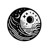 Yin Yang Circle Depicting Night and Day, Featuring Crescent, Full Moon, Stars, Lines, and Atmospheric Elements. vector