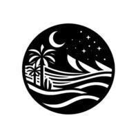 Black and white circular illustration depicts a tropical night scene. Palm trees and waves beneath a crescent moon and stars, suggesting tranquility. vector