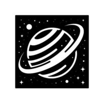 Black and White Stylized Illustration of a Striped Planet with Rings, Surrounded by Stars and Celestial Bodies, in a Square Frame. vector