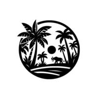 Black and White Tropical Scene Elephant, Palm Trees, and Sun Silhouetted Inside a Circle, Minimalist vector