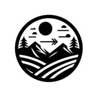 Illustration of a black and white circular emblem featuring mountains, fields, trees, sun, clouds and a directional arrow symbol. vector