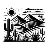 Desert Sunset Illustration of a Southwestern Landscape with Mountains, Cacti, and Palm Trees. vector