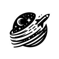 Black and white illustration of a rocket launching from a planet with a crescent moon and stars, evoking space exploration and futuristic themes. vector