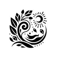 Stylized, Black and White, Floral and Sun Composition with swirling patterns, leaves, buds, dots, and decorative elements. vector
