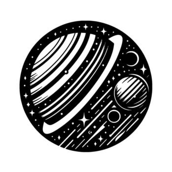 Abstract illustration of multiple planets within a circular frame, featuring stars, rings, and cosmic lines in monochrome. vector