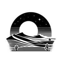 Silhouette of desert landscape under a starry night sky, with a stylized of dunes, cactus, and celestial bodies. vector