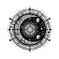 Intricate black and white celestial mandala depicting a central sunburst, crescent moon, planets, and stars within concentric circular frames. vector