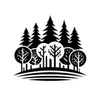 Minimalist black and white forest silhouette, featuring coniferous and deciduous trees on a rolling hill, evoking natures simplicity. vector