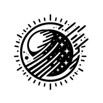 Abstract black and white circular illustration featuring stylized cosmos with comet trails, stars, and swirling elements in a minimal design. vector